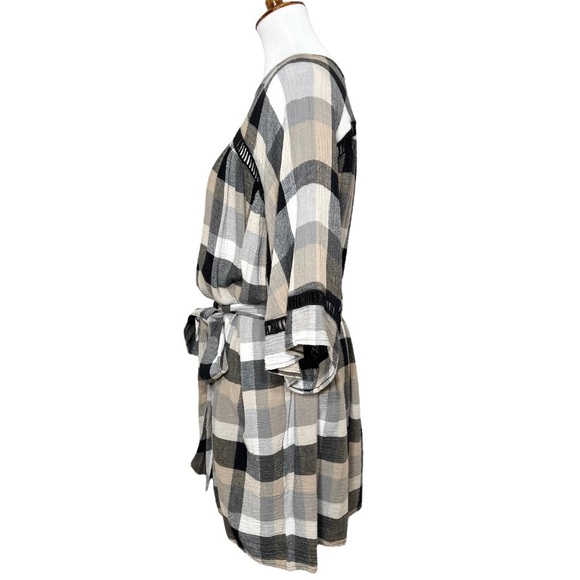 Anthropologie Black Cream Plaid Check Draped Tie Waist Belted Kimono ShirtDress - Picture 7 of 16
